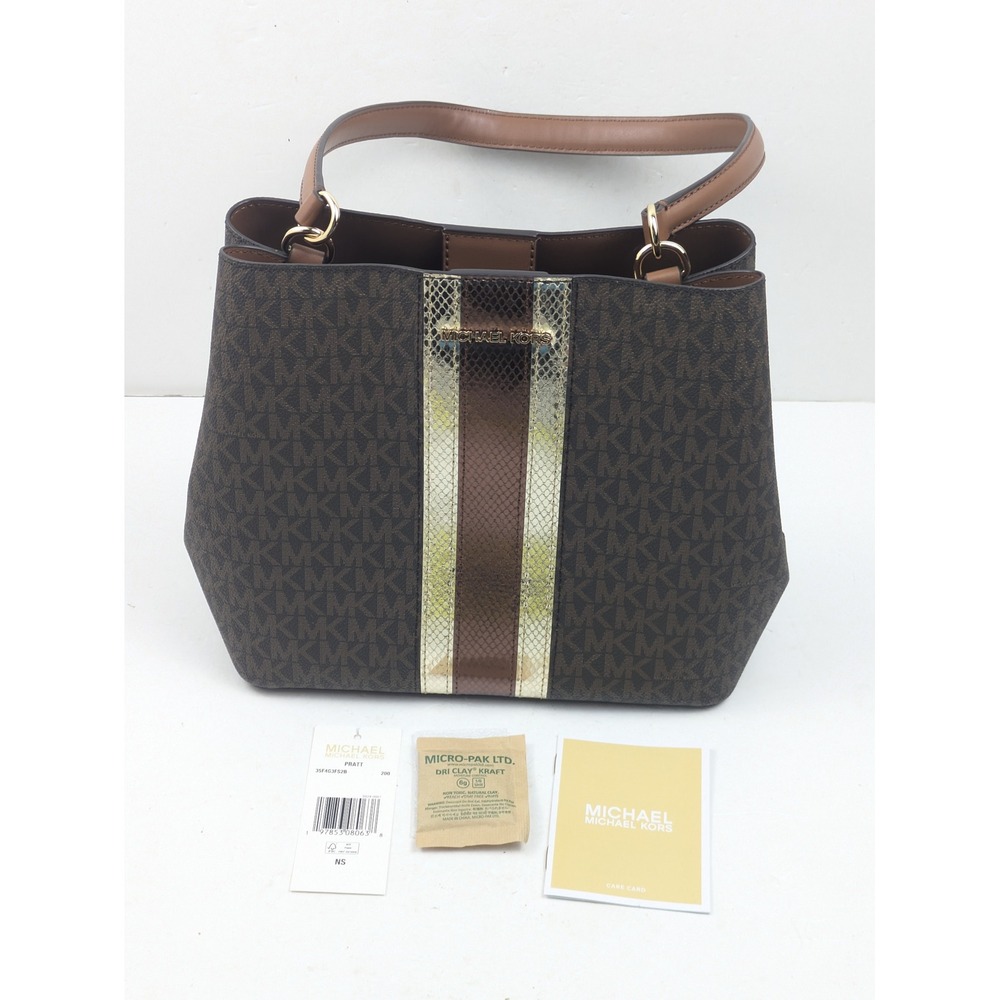 Michael Kors Pratt Medium Tote Bag Brown MK Signature‎ Stripe Gold Shoulder
